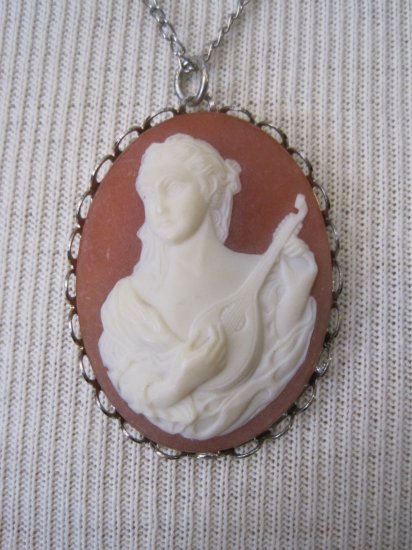 Burnt Orange Cameo with White Female Musician Pendant, Necklace