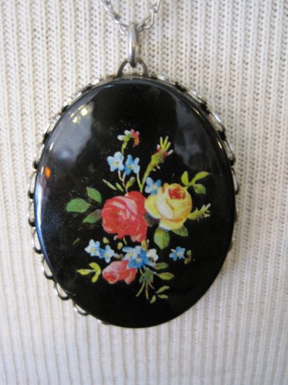 Black Cameo with Colored Flowers, Necklace