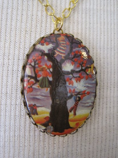 Vintage Image Children Climbing Tree Cameo Pendant, Necklace
