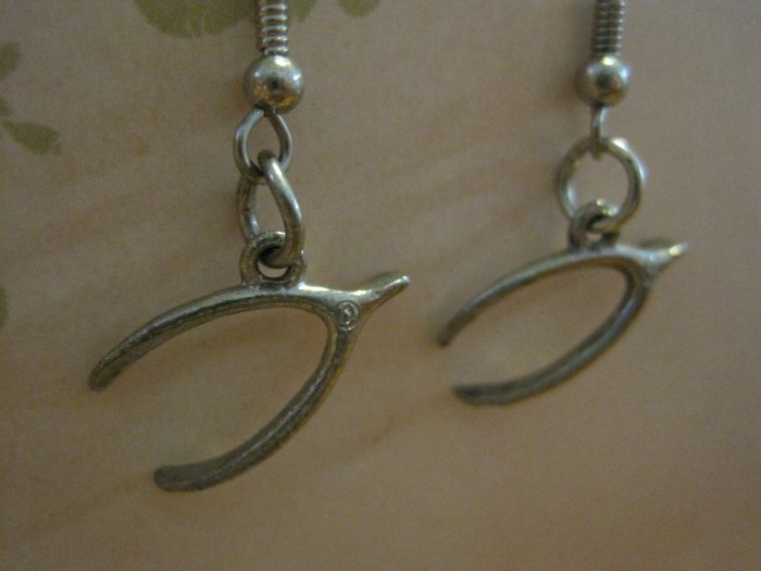 Silver Tone Colored Wish Bone Charm Earrings