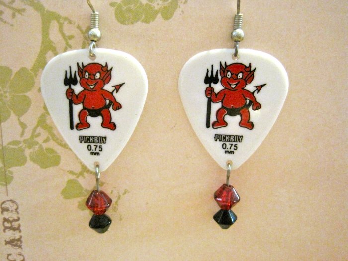 Hand Made Lil' Devil White Guitar Pick Earrings with Red and Black Glass Beads