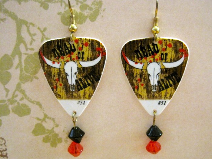 Hand Made "Dead or Alive" Steer Skull Guitar Picks, with Black and Red Glass Beads, Earrings