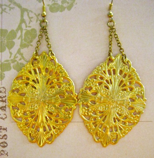 Beautiful Large Flat Gold Cross Filigrees on Gold Chain, Earrings