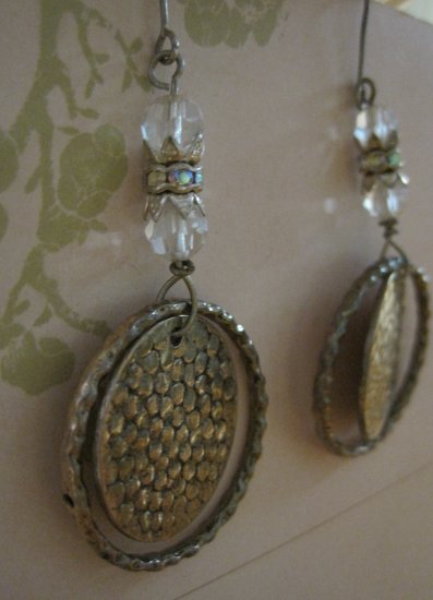 Hand Made Silver Disk, Hoop, and Crystal Beaded, Earrings
