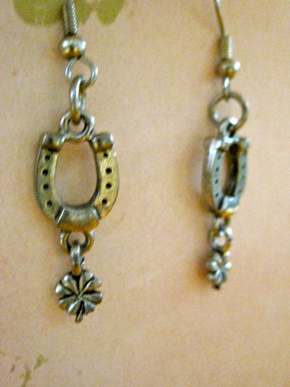 Silver Tone Horseshoe and Four Leaf Clover Charm Earrings