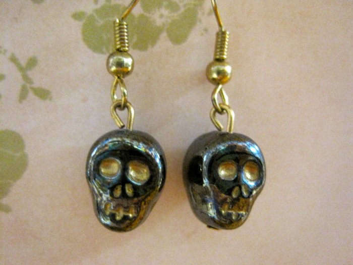 Gray Glass Skull Bead Charm Earrings