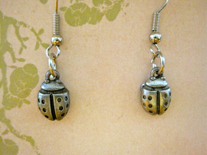 Little Silver Lady Bug Charm Earrings