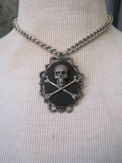 Pewter Skull and Crossbones Cameo on Black Background, Thick Silver Chain Necklace