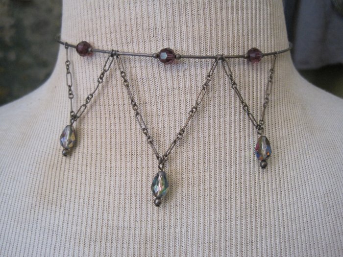 Purple Crystal Drops on Silver Beaded Choker Necklace