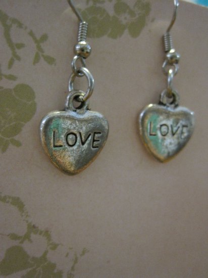 "LOVE" Etched Silver Colored Stone Heart Earrings