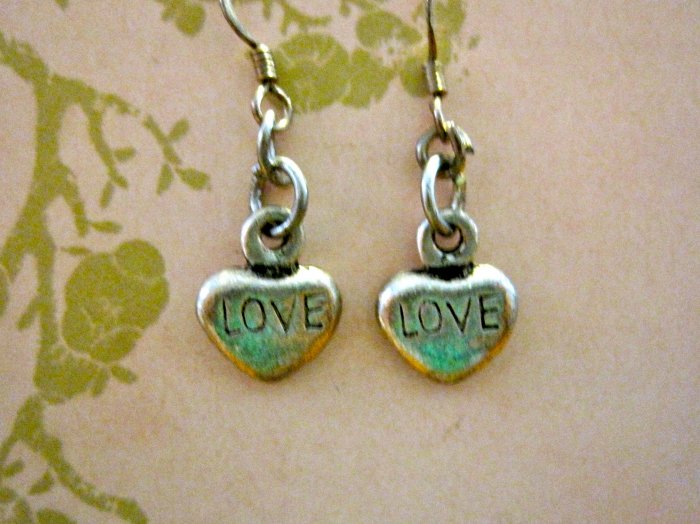 Small "LOVE" Etched Silver Colored Stone Heart Earrings