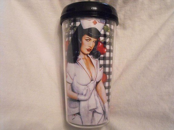 Travel Mug, Betty Page in Nurse Outfit Cherry Background
