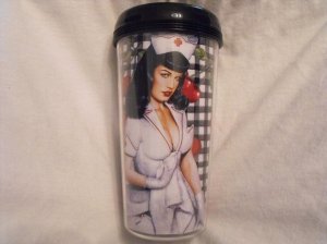 Travel Mug, Betty Page in Nurse Outfit Cherry Background