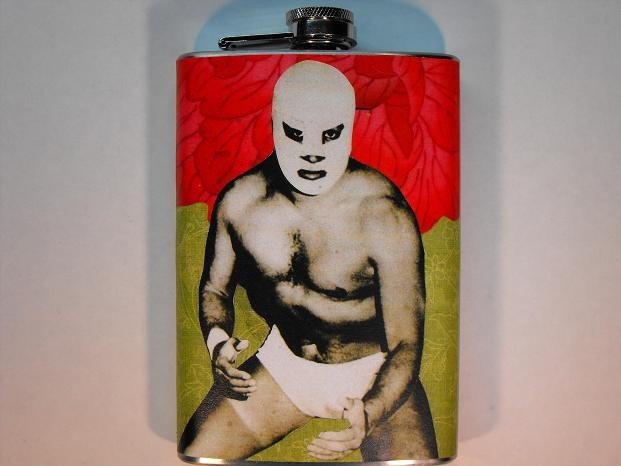 Stainless Steel Flask - 8oz., Lucha Libre Man with Red and Light Green Background