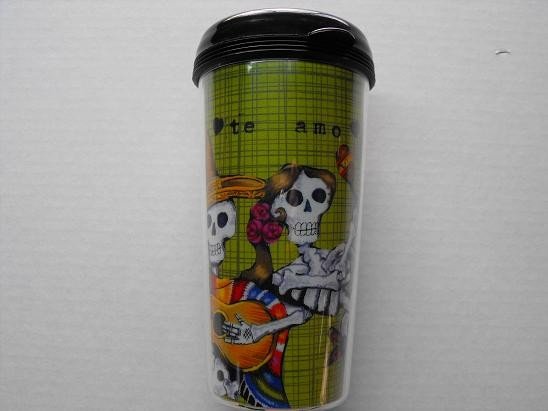 Travel Mug, Day of the Dead Dancing Couple with Green Background