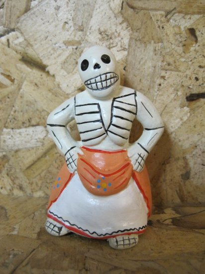 Quinoa Clay Day of the Dead Figure, Women in Orange and White Skirt