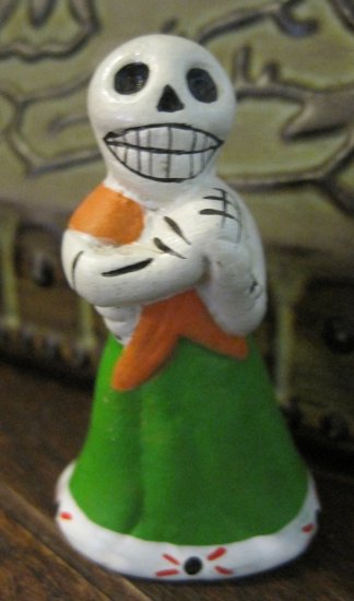 Quinoa Clay Day of the Dead Figure, Women in Green Skirt with Orange Shawl