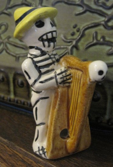 Ceramic Day of the Dead Figure, Man in Yellow Hat Playing Instrument