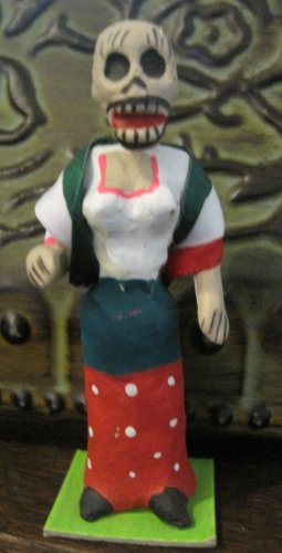 Clay Day of the Dead Figure, Woman in Dress with Cloth Red, Green, and White Shawl