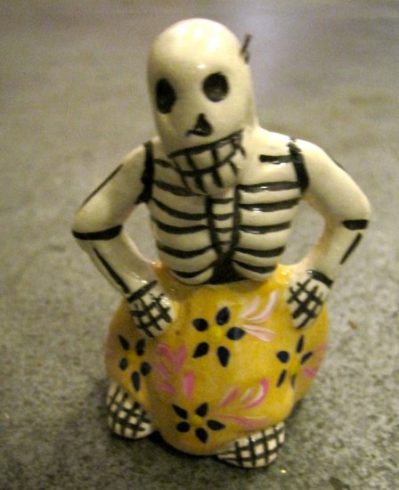 Ceramic Day of the Dead Figure, Woman in Yellow Skirt with Dark Blue Flower Design