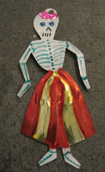 Hand Painted Tin Day of the Dead Figure, Women in Red Skirt