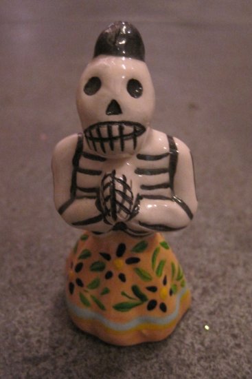 Ceramic Day of the Dead Figure, Woman in Tan Skirt with Dark Blue Flower Design