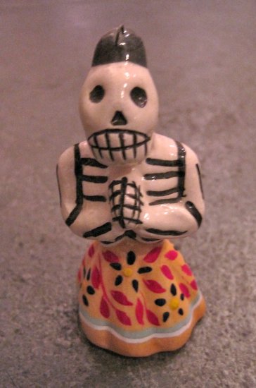 Ceramic Day of the Dead Figure, Woman in Light Orange Skirt with Dark Blue Flower Design