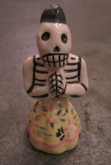 Ceramic Day of the Dead Figure, Woman in Yellow Skirt with Pink Flower Design