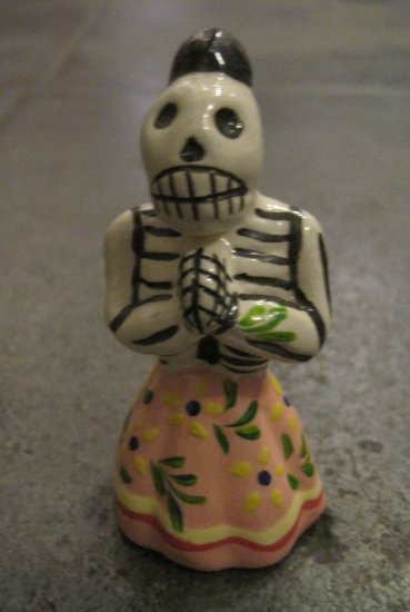 Ceramic Day of the Dead Figure, Woman in Pink Skirt with Yellow Flower Design