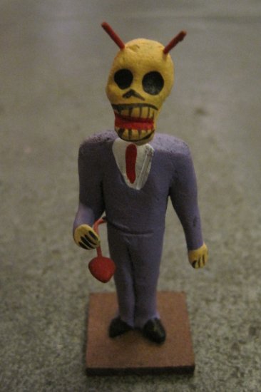 Clay Day of the Dead Figure, Business Man in Purple Suit with Devil Horns