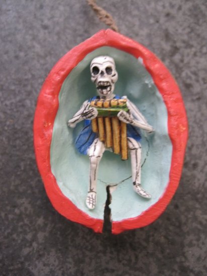 Day of the Dead Skeleton Playing Flute Walnut Ornament