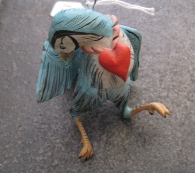 Hand Painted Clay Blue Bird with Heart Necklace, Hanger/Ornament