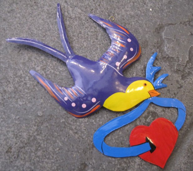 Hand Painted Tin Bird Hanging Ornament, Purple and Yellow, Holding Blue Ribbon and Red Heart