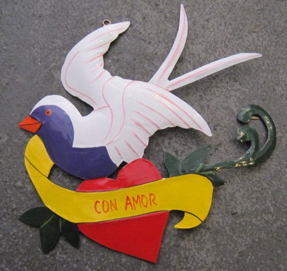 Hand Painted Tin Bird Hanging Ornament, White and Purple, "Con Amor" Banner