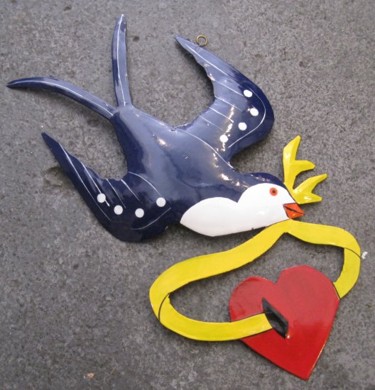 Hand Painted Tin Bird Hanging Ornament, Purple and White, Ribbon and Heart