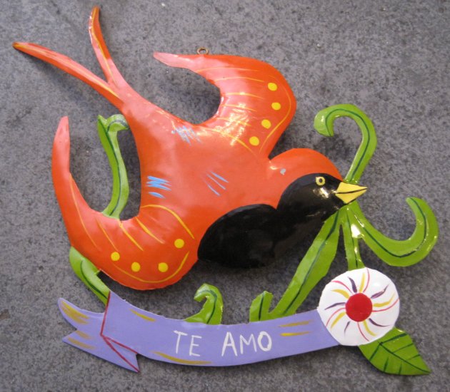 Hand Painted Tin Bird Hanging Ornament, Orange and Black, "Te Amo" Banner