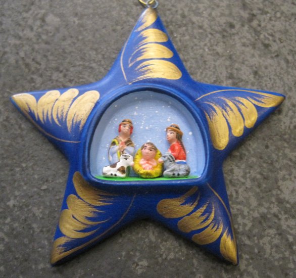 Hand Made and Blue Painted Clay Star Nativity Scene, Ornament