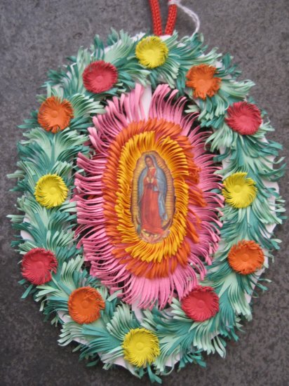 Hand Cut Paper Ornament with Virgin Mary and Saint Picture