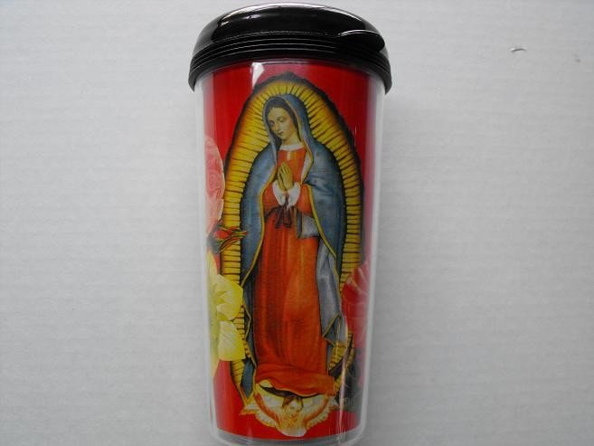 Travel Mug, Our Lady of Guadalupe Pint with Red Background