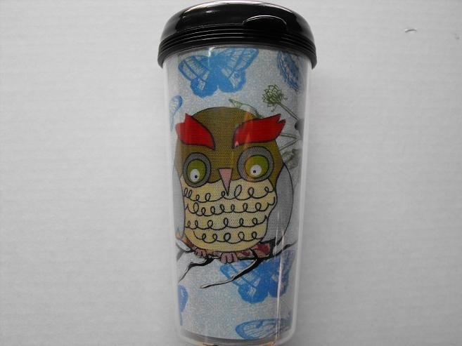 Travel Mug, Owl Print with White and Blue Butterfly Background