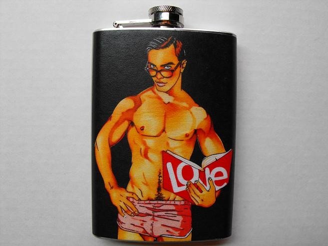 Stainless Steel Flask - 8oz., Sexy Man with "Love" Book