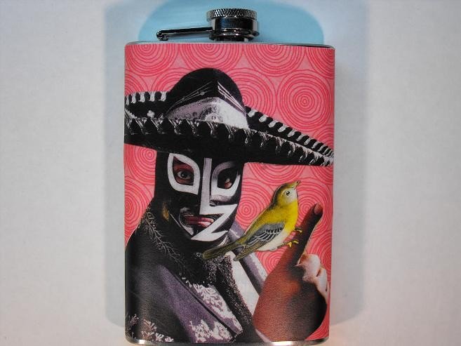 Stainless Steel Flask - 8oz., Lucha Libre Man with Yellow Bird