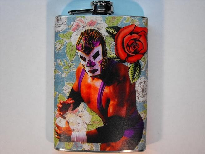 Stainless Steel Flask - 8oz., Lucha Libre Man with Red Rose and Colorful Background