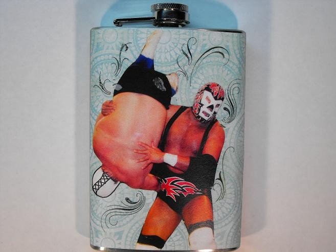 Stainless Steel Flask - 8oz., Lucha Libre Men Wrestling with Pattern Blue Background