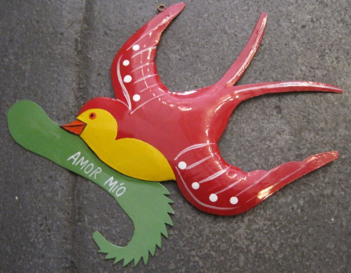Hand Painted Tin Bird Hanging Ornament, Red and Yellow, Banner with "Amor Mio"