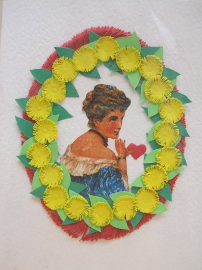 Hand Cut Paper Flower Blank Card with Vintage Female Print, Envelope Included