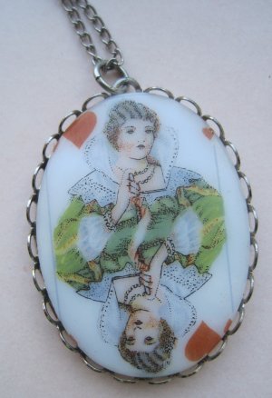 Oval Cameo Necklace, White Background with Queen Playing Card