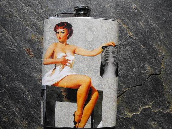 Stainless Steel Flask - 8oz., Pin Up Girl Holding X-Ray