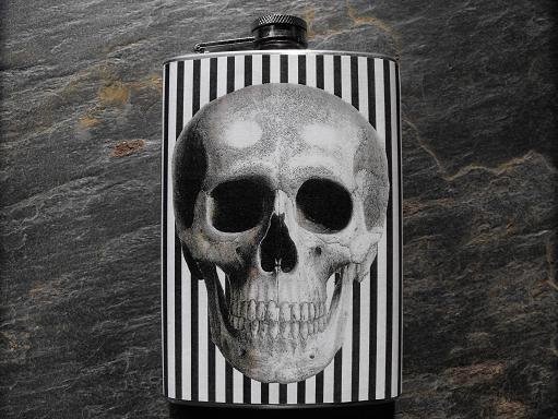 Stainless Steel Flask - 8oz., Skull on Black and White Lined Background