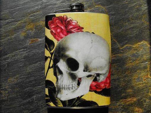 Stainless Steel Flask - 8oz., Skull on Flower Print Background